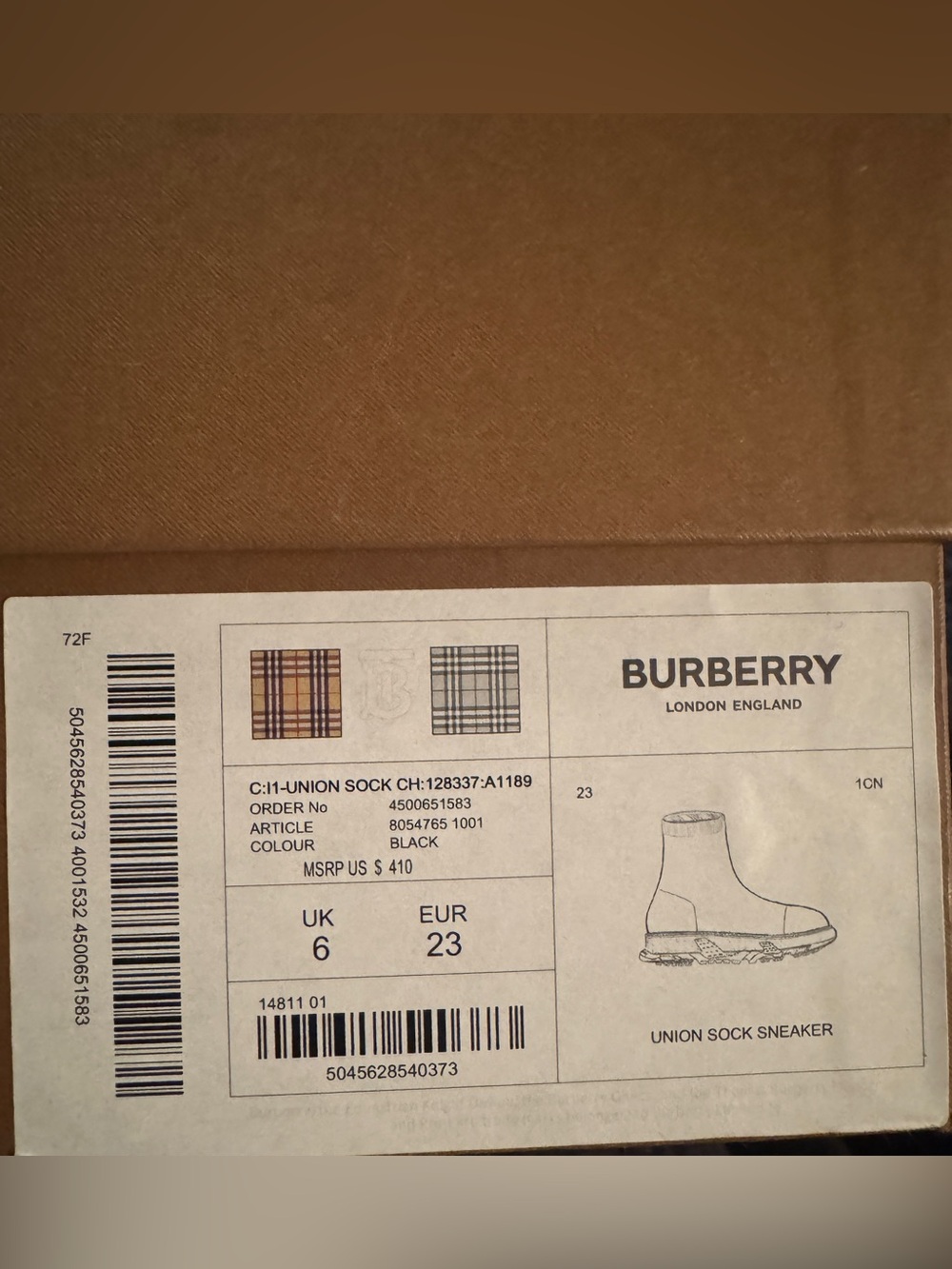 Burberry Plaid Sock-Style Ankle Sneakers - Black/Tan/Gum - Picture 2 of 11
